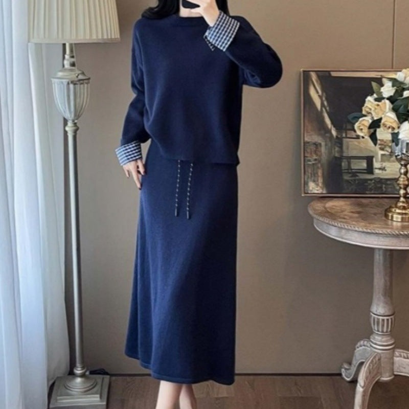Dame Elegant Strikkjole med Aftagelig Blusekrave og Snøre
