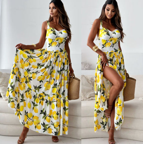 Dame Floral Print Højslids Maxikjole Stilla