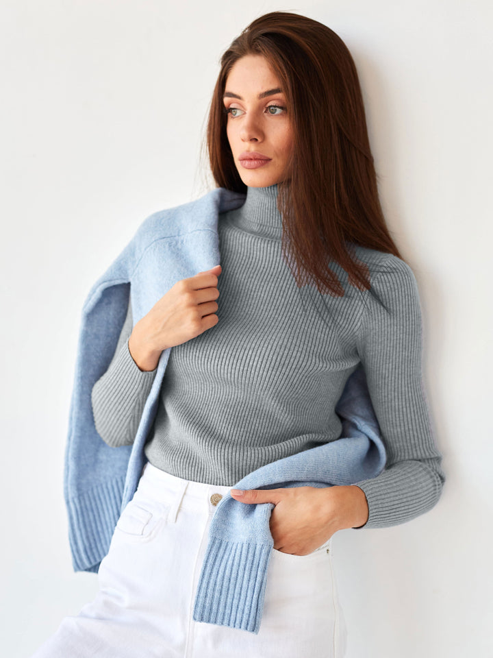 Kvinders lang sweater med høj krave og fin ribbet tekstur Stilla