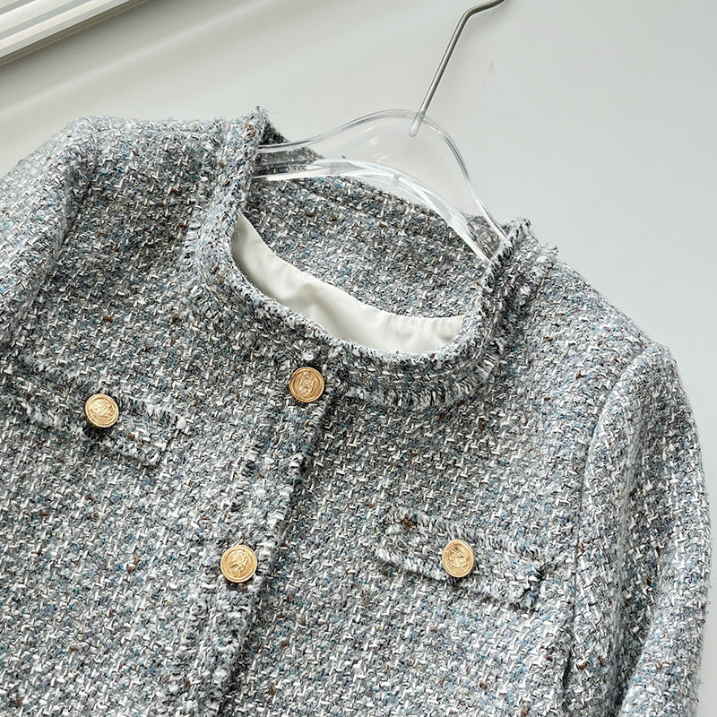 Dame tweedjakke med elegant krave og gyldne knapper Stilla