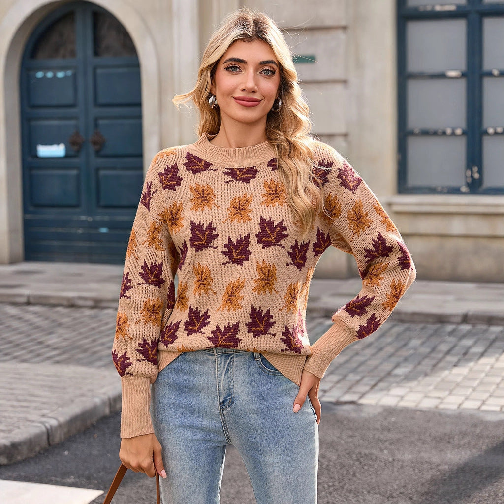 Damens strikket sweater med efterårsblad design Stilla