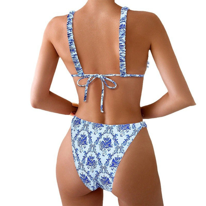 Dame højskæring bikini med blomstermotiv og justerbare stropper Skovae