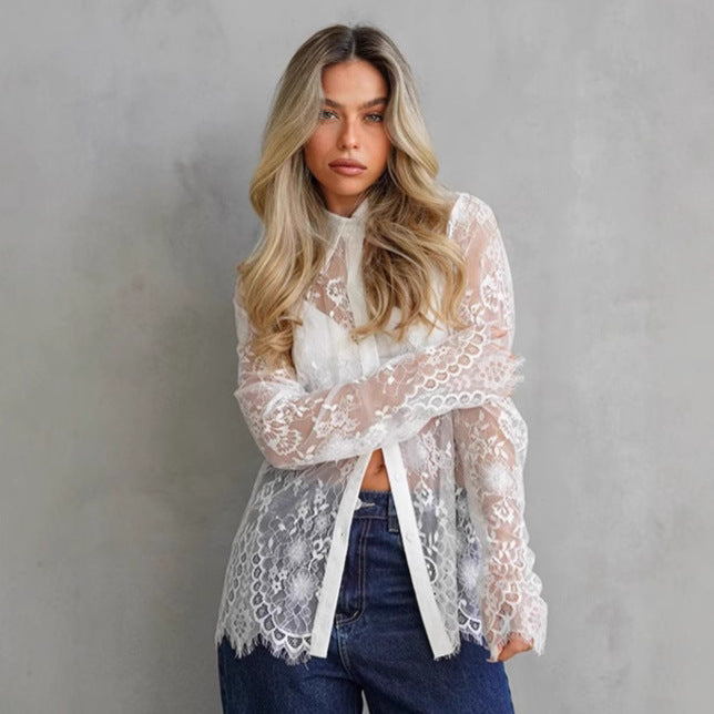 Dame spids bluse med gennemsigtigt design Stilla