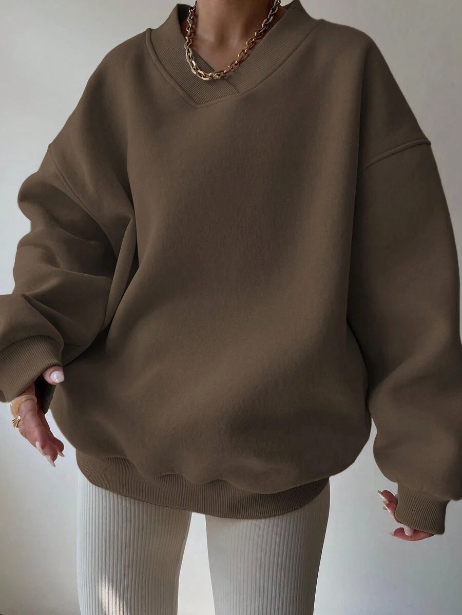Kvinder Oversized Sweatshirt med V-hals og brede ærmekanter Skovae