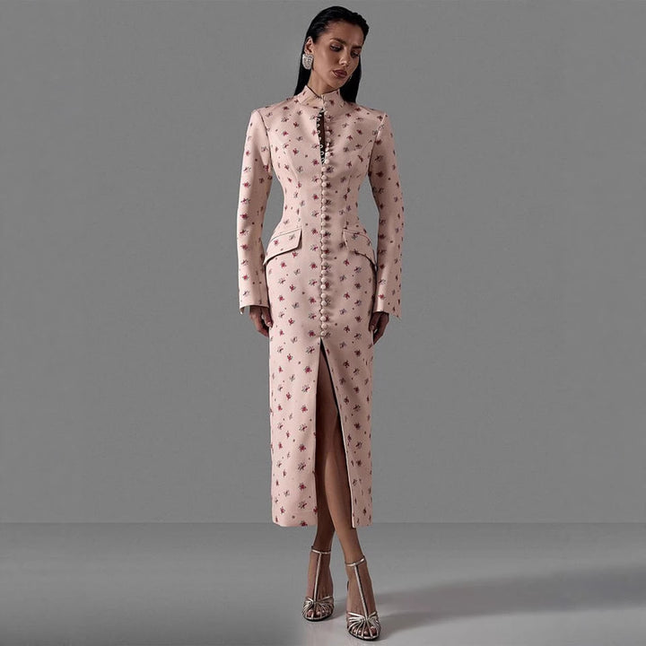 Damer Elegant Langærmet Kjole med Blomsterprint og Høj Halskrave