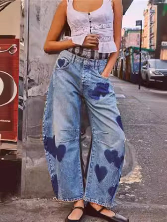 Dame Bred Jeans med Hjerte-Print og komfortabel Pasform Stilla