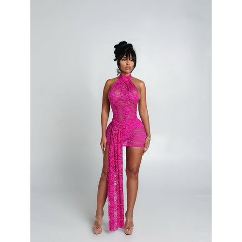 Damen Neckholder Minikleid mit raffiniertem Spitzenmuster und asymmetrischem Saum Skovae