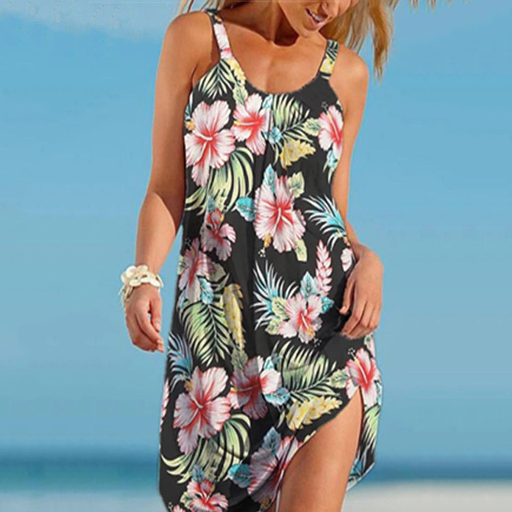 Dame sommerkjole med blomsterprint og sideslids Stilla