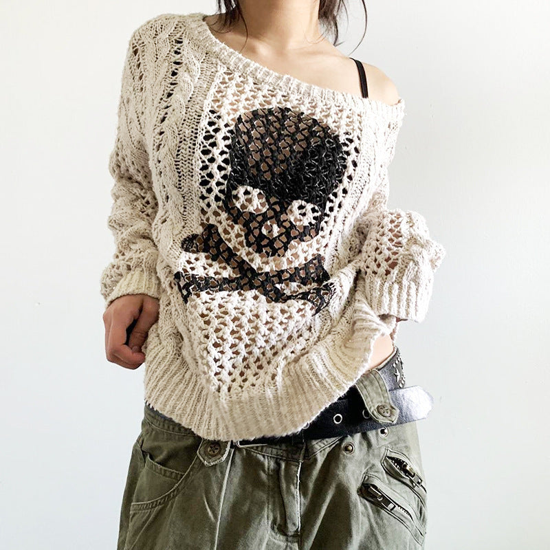 Dame Oversized Dødningehoved Strikpullover Stilla