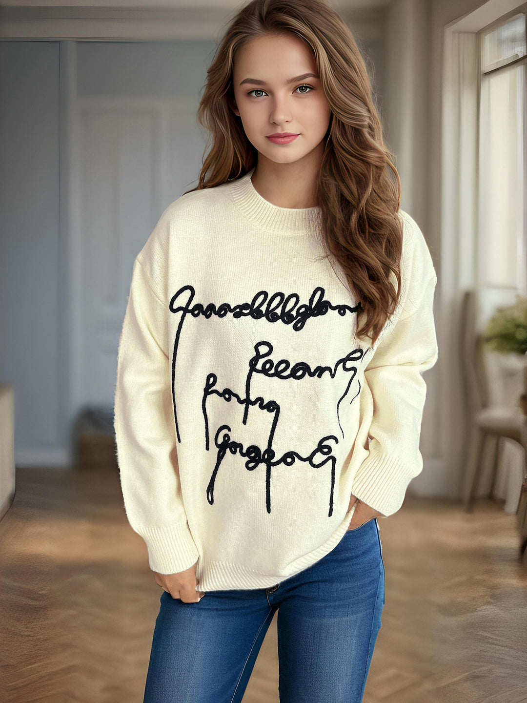 Kvinders hyggelige oversized sweater med kunstnerisk bogstavtryk Stilla