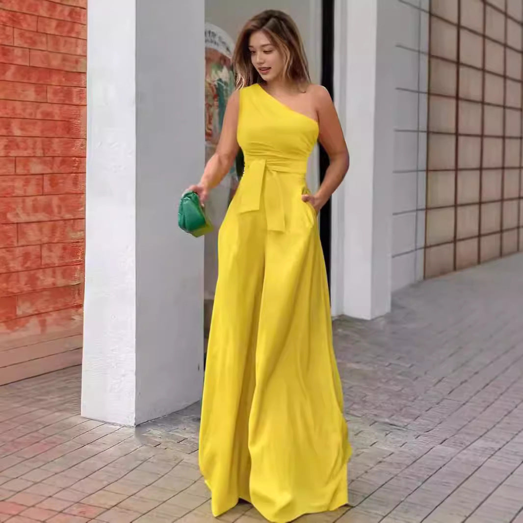 Dame Elegant En-skulder Jumpsuit med bælte og bredt ben Skovae