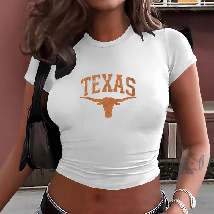 Damer Crop-T-shirt med kreativ Texas-design og tætsiddende snit Skovae