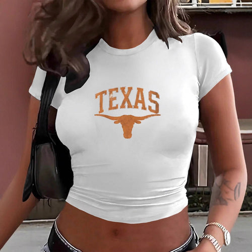 Damer Crop-T-shirt med kreativ Texas-design og tætsiddende snit Skovae