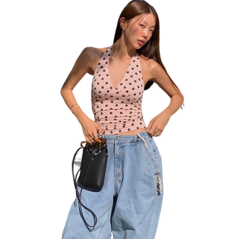 Dame Polka-Dot top med halterneck-design og tætsiddende snit Stilla