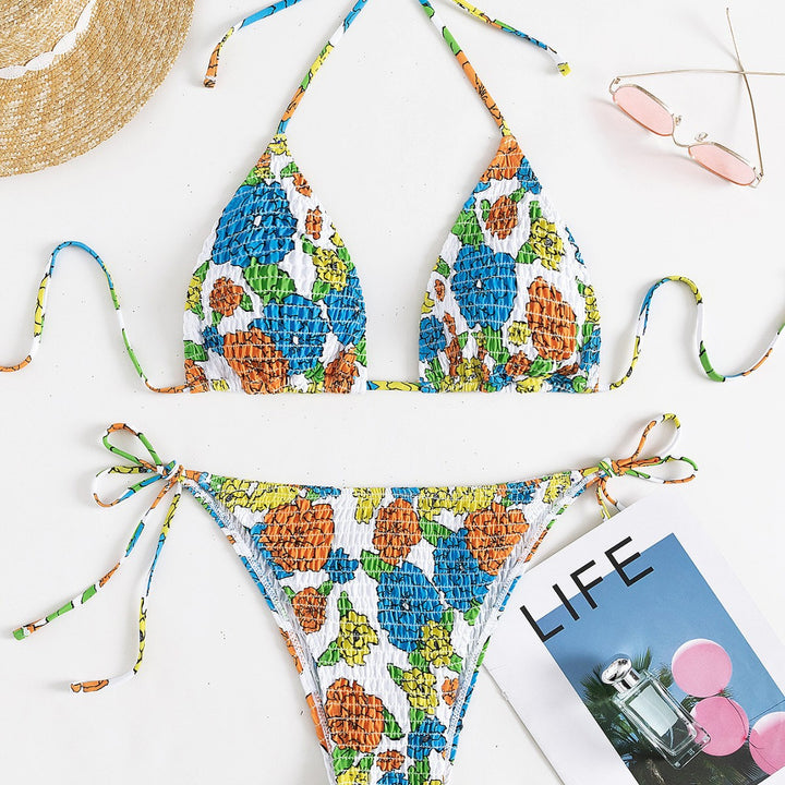 Dame Triangel-Bikini med farverigt blomsterprint og elastiske bindebånd Skovae