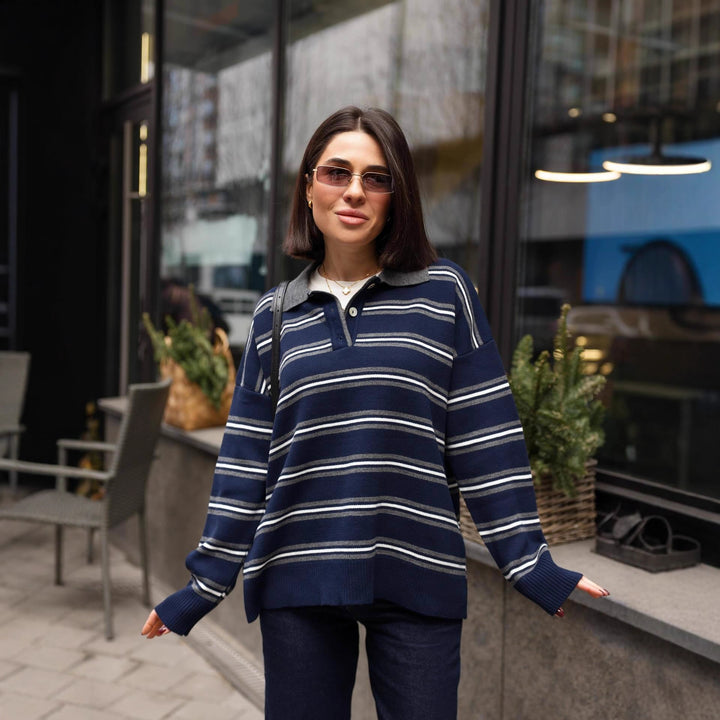 Kvinders afslappede polo sweater med stribet mønster og krave Stilla