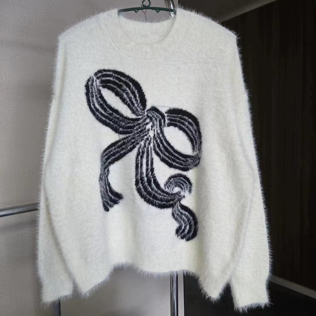 Kvindernes hyggelige sweater med dekorativ sløjfe mønster
