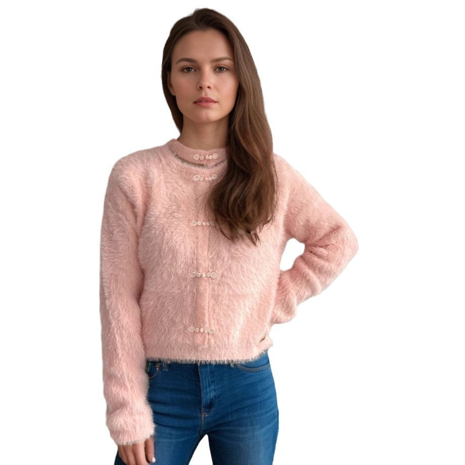 Kvinders krammevenlige sweater med høj krave og dekorative knapdetaljer Stilla