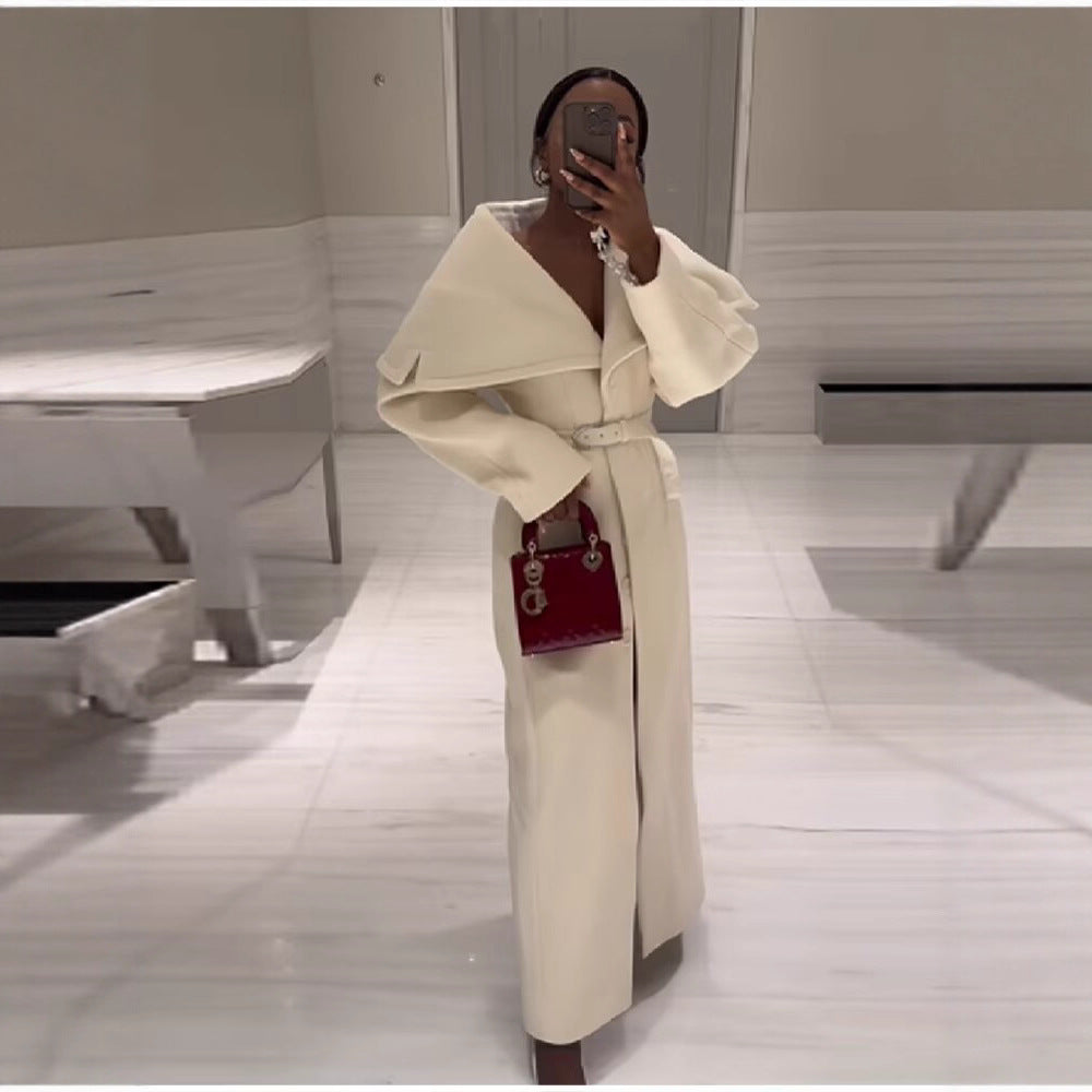 Dame Elegant Trench Coat med Overdimensioneret Krave og Justerbart Talje Bælte Stilla