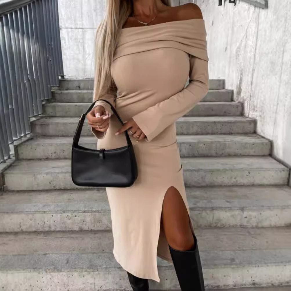 Dame Off-Shoulder Maxikjole med elegant split og lange ærmer Stilla