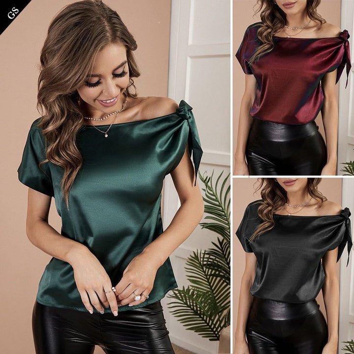 Dame elegant satinbluse med asymmetrisk snit Stilla