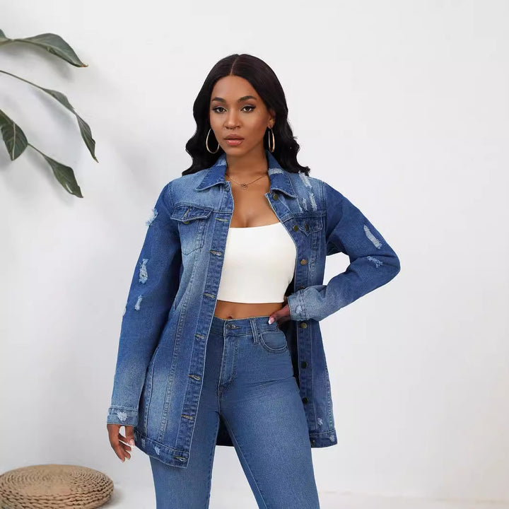 Dame afslappet denimjakke i moderne oversized snit med frynset accenter Stilla
