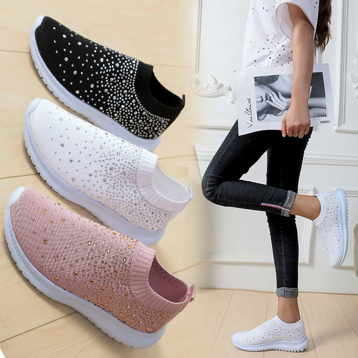 Dame modiske sneakers med rhinsten-applikationer og fleksibelt strik-overmateriale Stilla