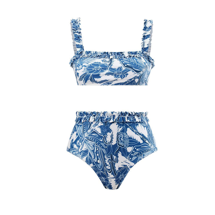 Dame bikini-sæt med elegante flæsedetaljer og matchende maxiskørt Stilla