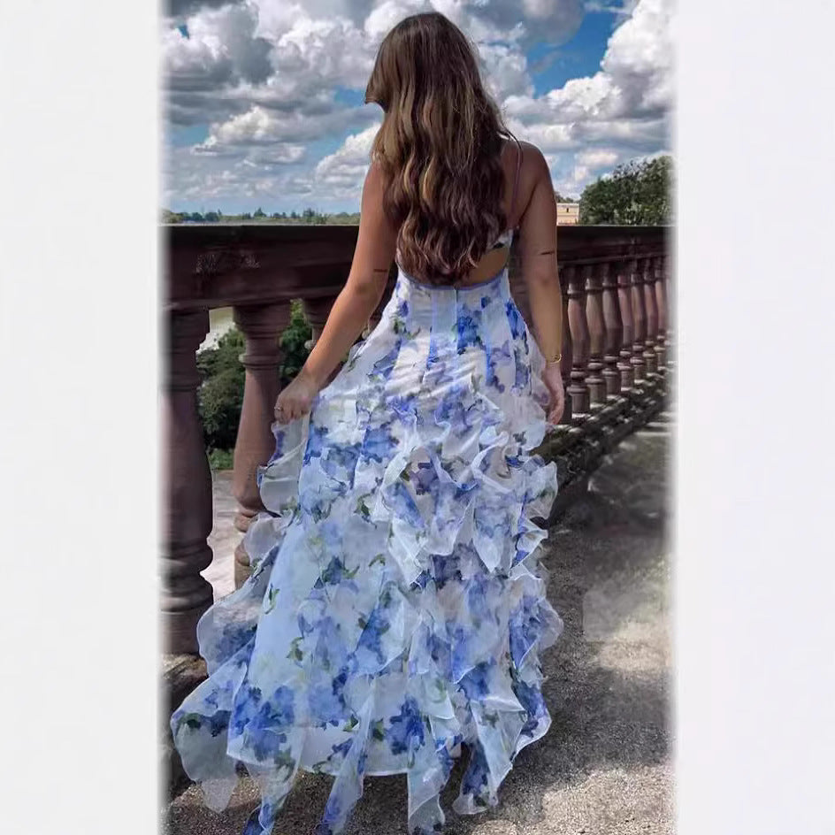 Dame Flydende Chiffon Maxi Kjole med Flæse Detaljer og Blomstrede Accenter Skovae