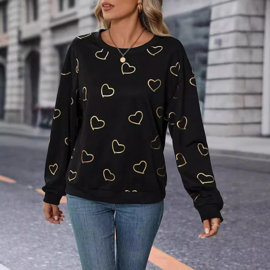 Dame nan løs hjerteprint sweatshirt med rund halsudskæring og ribkant Skovae