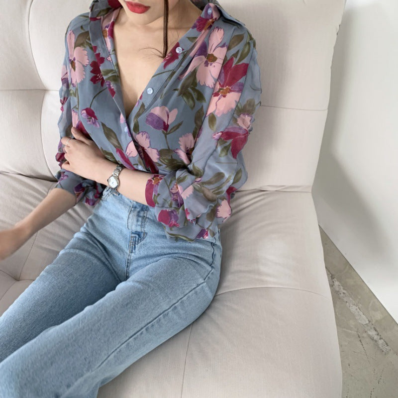 Dame Chiffon Floral Print Button-Up Bluse Stilla