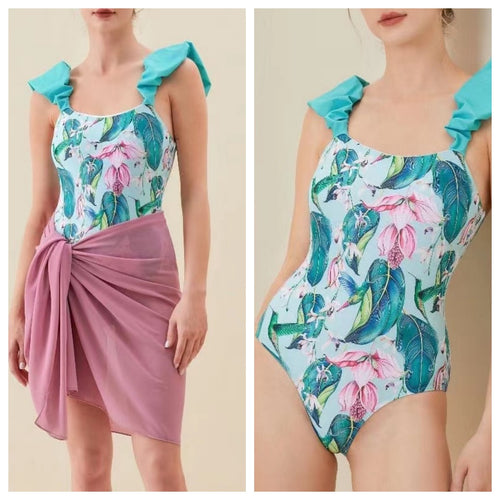Dame one-piece badedragt med flæseret stropper og blomster mønster Stilla