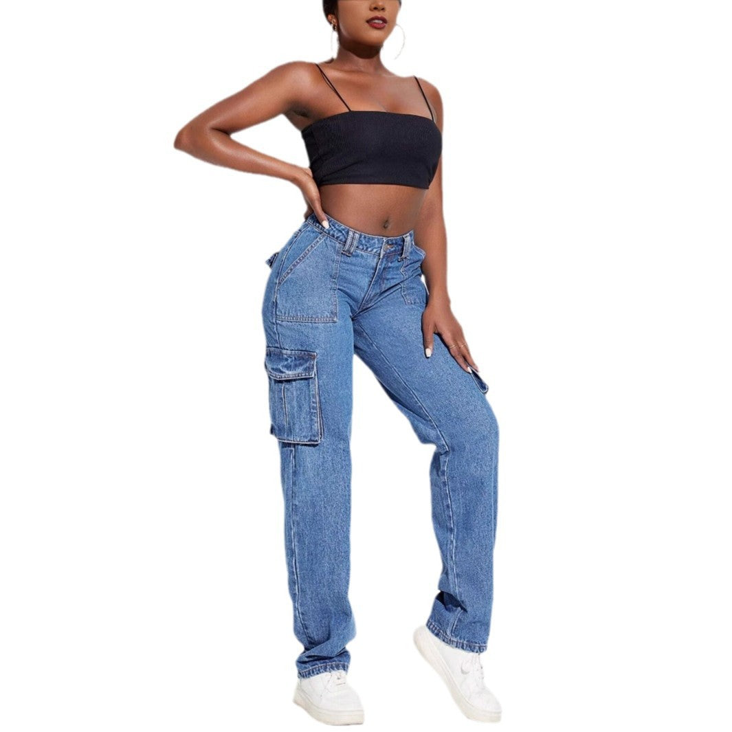 Dame Vintage Cargo Jeans med elastisk talje og sidelommer Stilla
