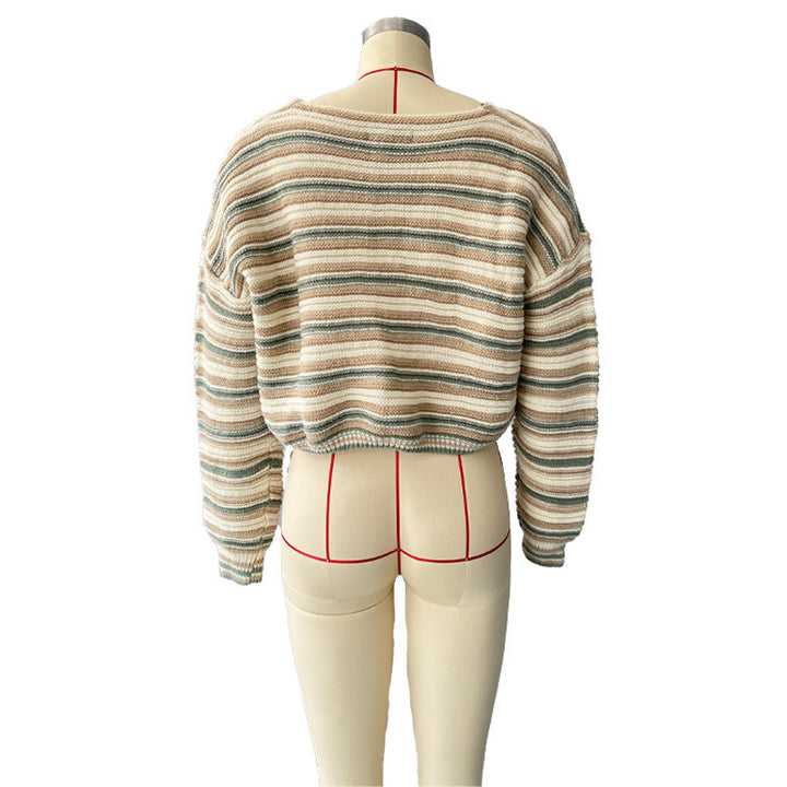 Damer afslappet strikpullover med bred V-halsudskæring og moderne stripes design Stilla