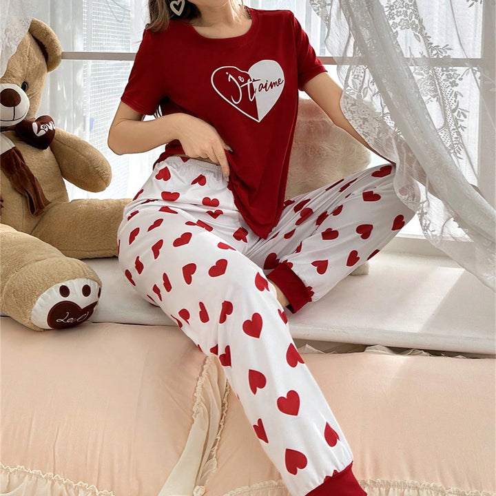 Dame pyjamasæt med hjerte motiv og komfortabel elastisk talje Stilla