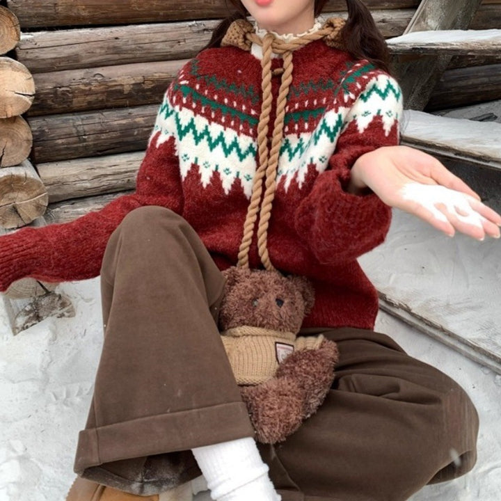 Dame Cozy Knit Sweater med Traditionelt Norsk Mønster og Hue Stilla