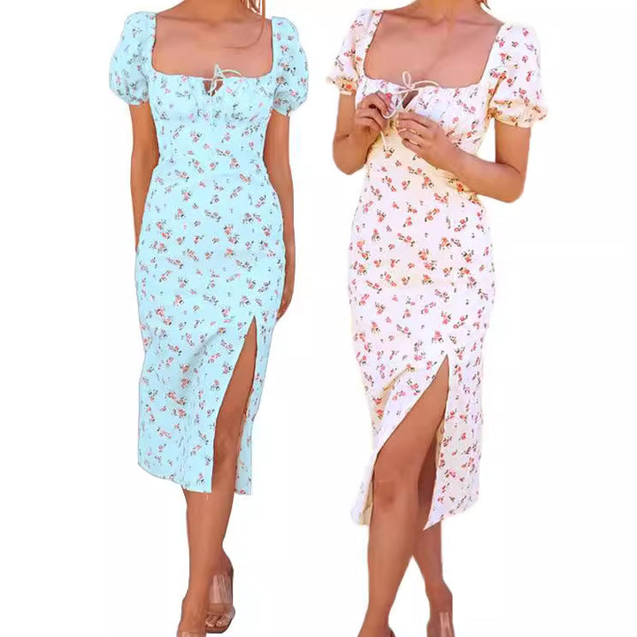Dame Floral Midi Kjole med Puffærmer og Sideslids Stilla