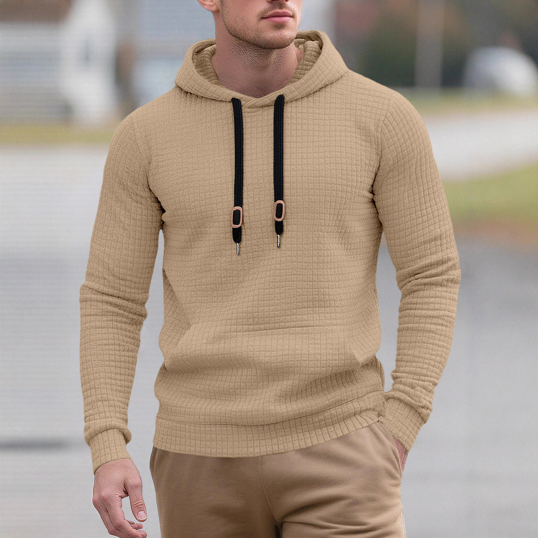 Herren nan snævre skåret quiltet hættepullover med fin kvadratstruktur, snoretræk og ribbet nederste del Skovae