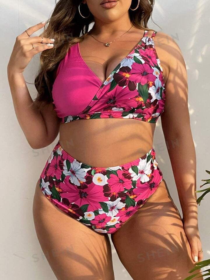 Damer Højskåret Bikini med Vikledesign og blomster mønster Skovae
