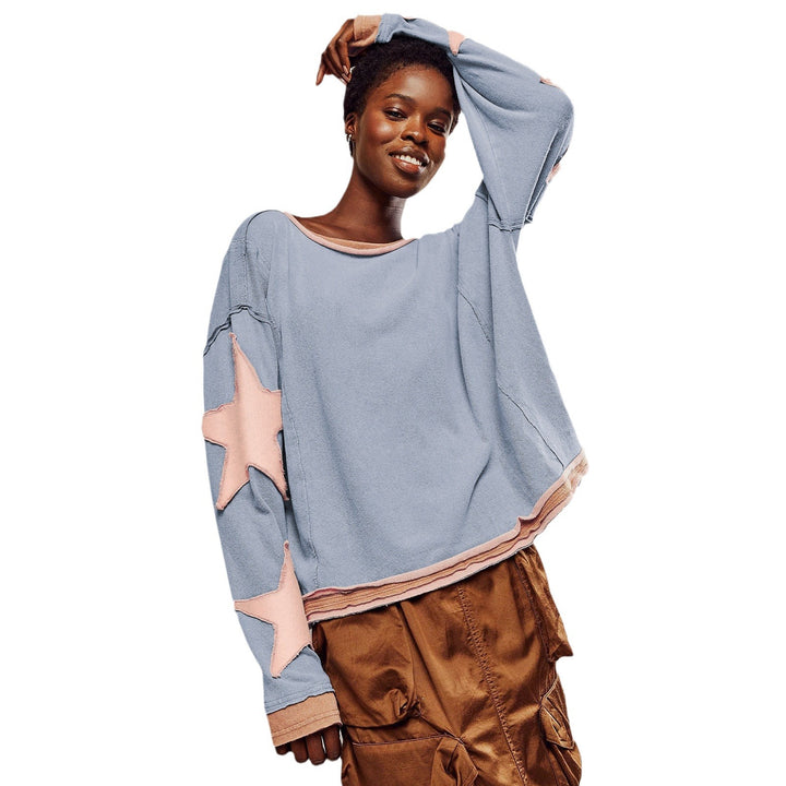 Dame Casual Sweatshirt med stribet design og stjerneapplikationer Stilla