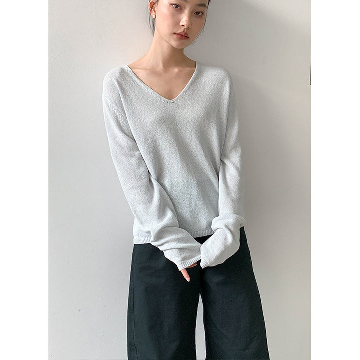Dame elegant pullover med V-hals og blødt struktureret materiale Stilla