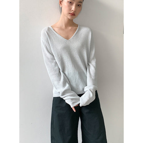 Dame elegant pullover med V-hals og blødt struktureret materiale Stilla
