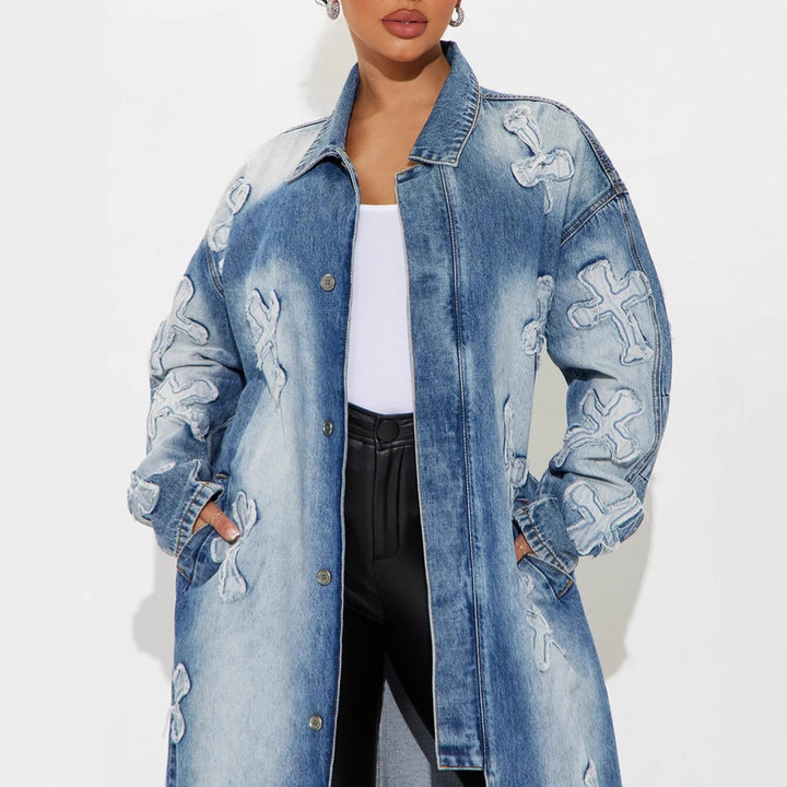 Dame Oversized Jeansjakke med dekorativt broderimønster Stilla