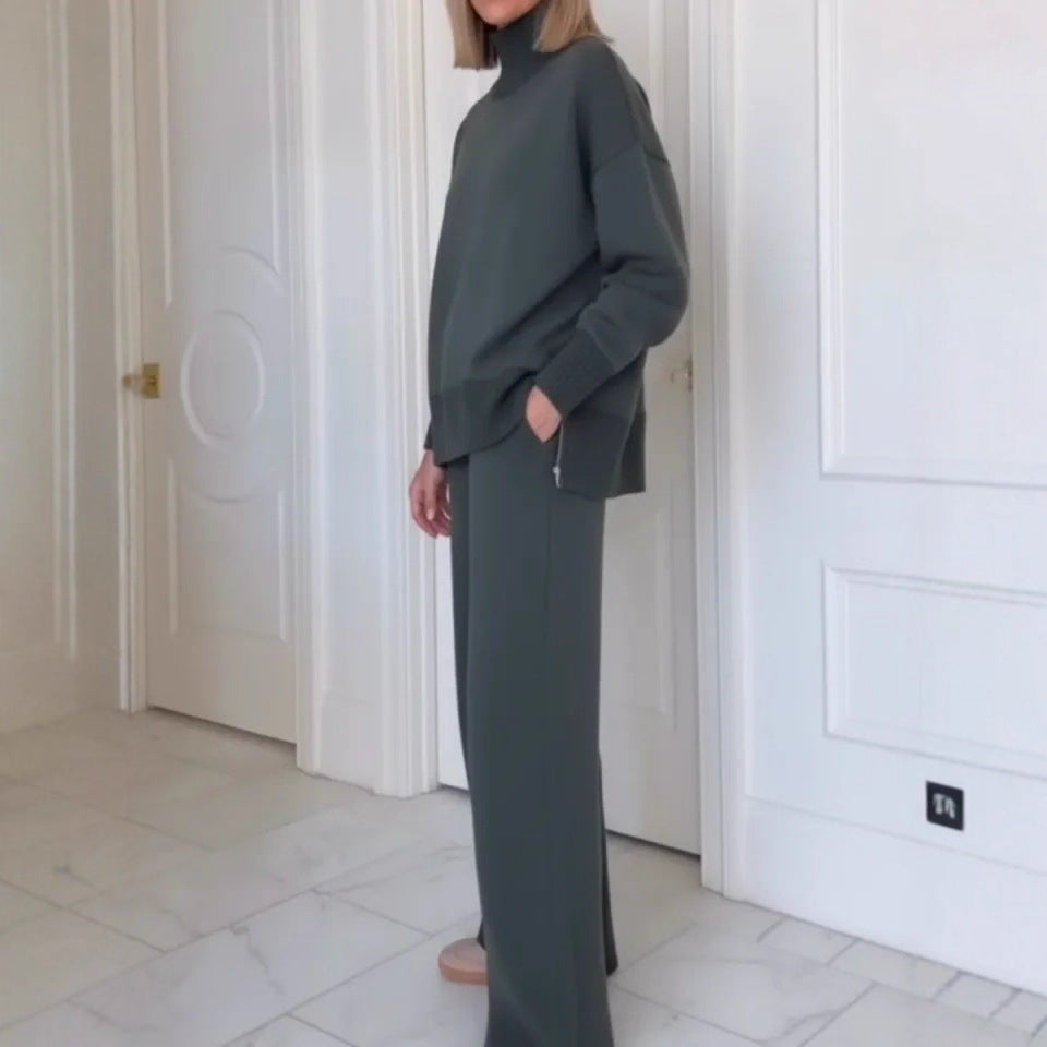 Damers Komfortable Strikket Loungewear Sæt med Højhalset Sweater og Bredskårede Bukser Stilla