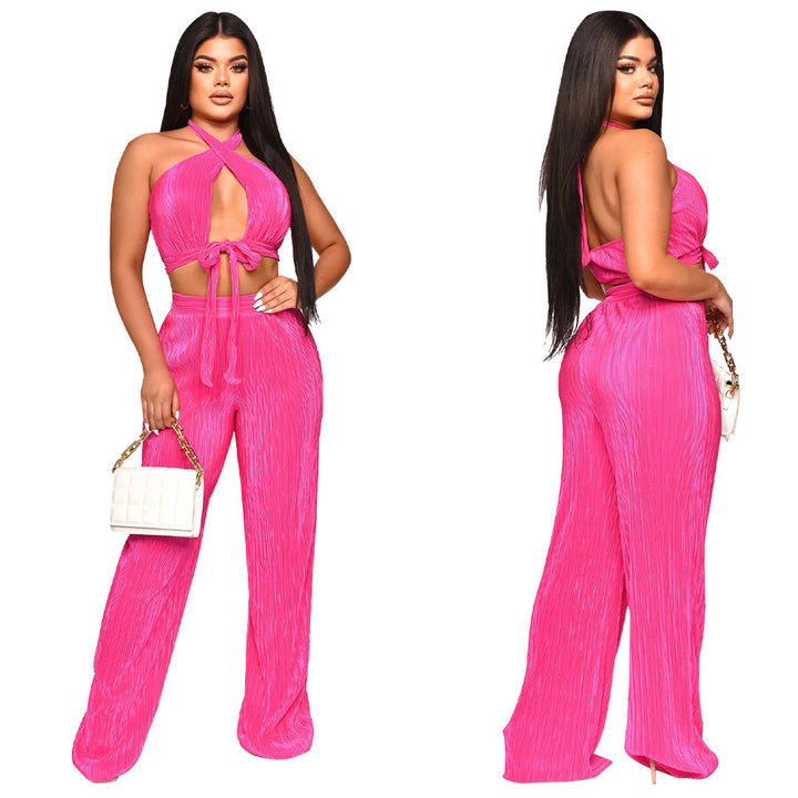 Dame elegant sæt bestående af cropped top og bred bukser med dyb udskæring og taljering Stilla