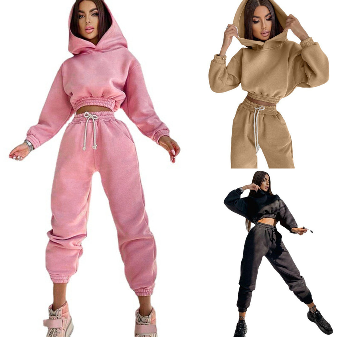 Kvinders Casual Sweat Loungewear Sæt med Croppet Hoodie og Behagelige Bukser Skovae