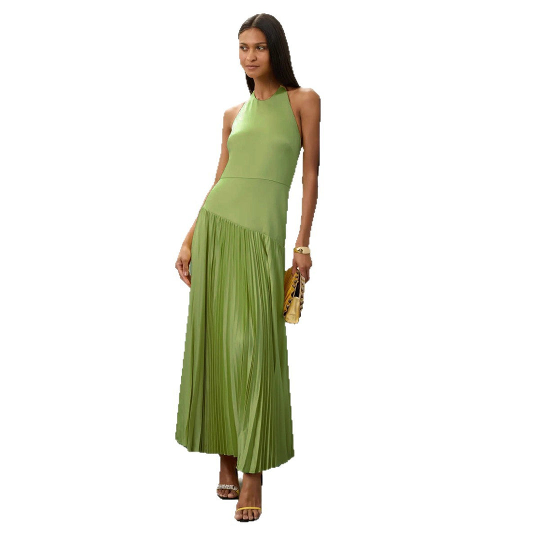 Dame Elegant Maxi Kjole med Flydende Plisseret Nederdel og Halterneck Design