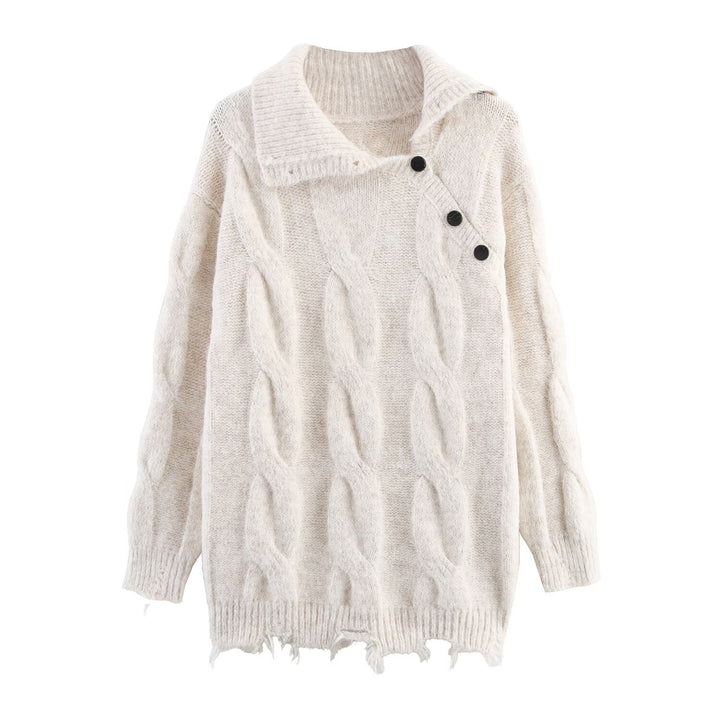 Dame grovstrikket pullover med moderne krave og knapdetaljer Stilla