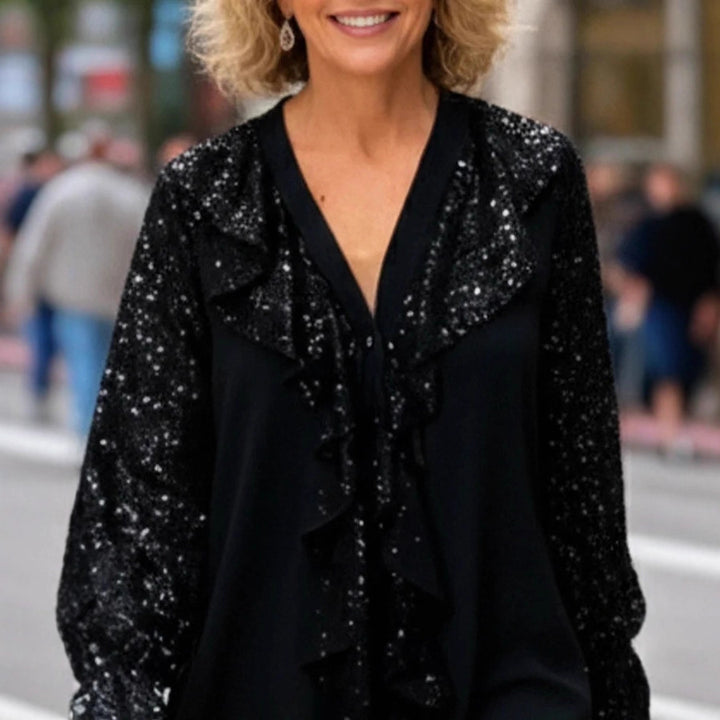 Dame Elegant Bluse med Glitrende Accenter og Flæse Detaljer Stilla