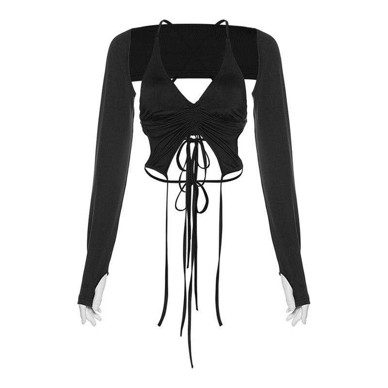 Dame Cropped top med innovativt snøre-design og lange ærmer Stilla